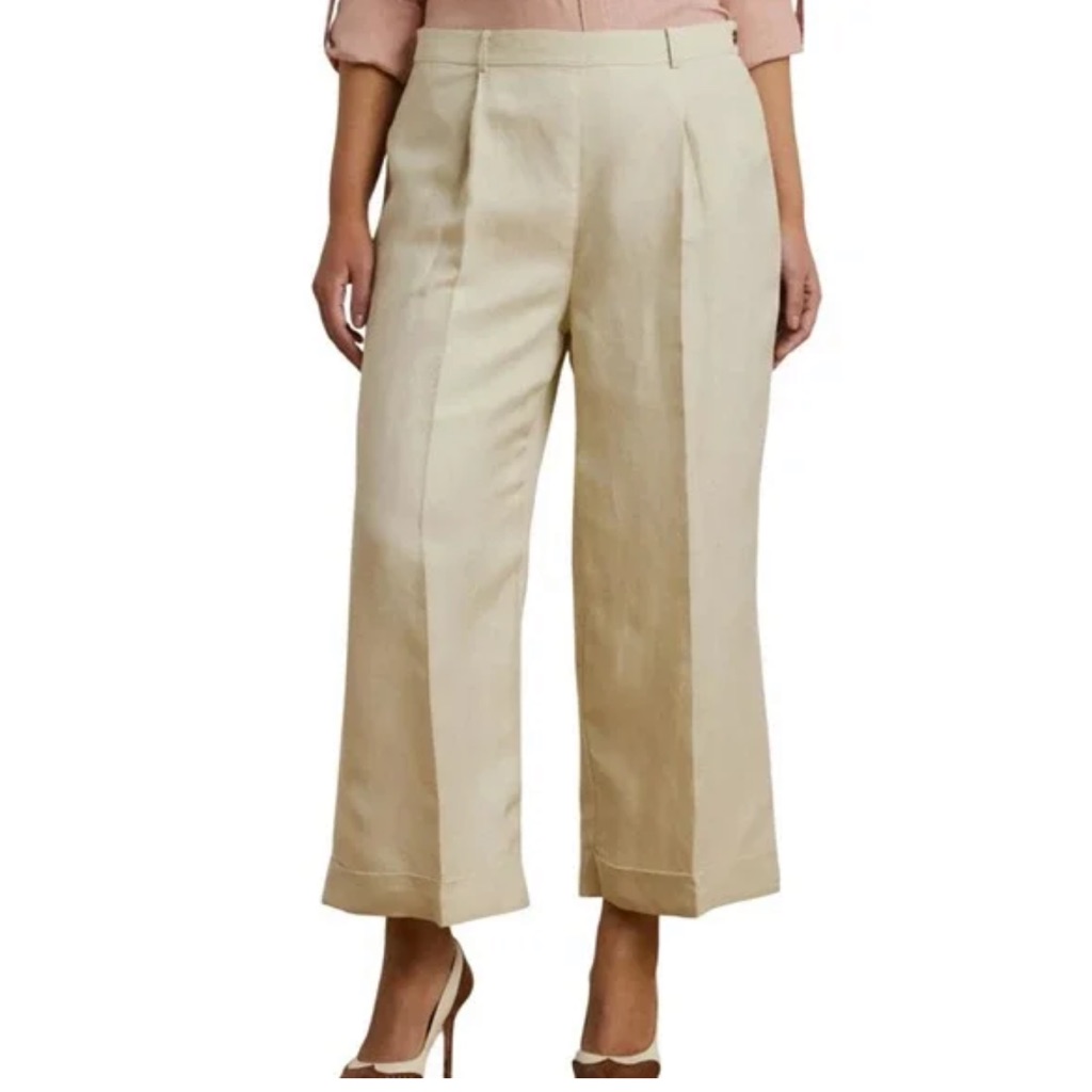 Lauren Ralph Lauren Linen Blend Twill Wide Leg Pants In Ivory Beige Nwt